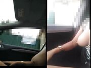 Superb woman flashing nude in the car to passer-by dude