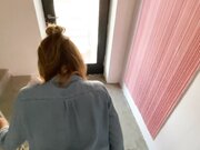 Risky fellatio and fuck on public hallway with female partner