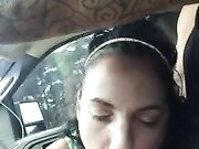 Housewife risky oral sex in the car while hubby is driving